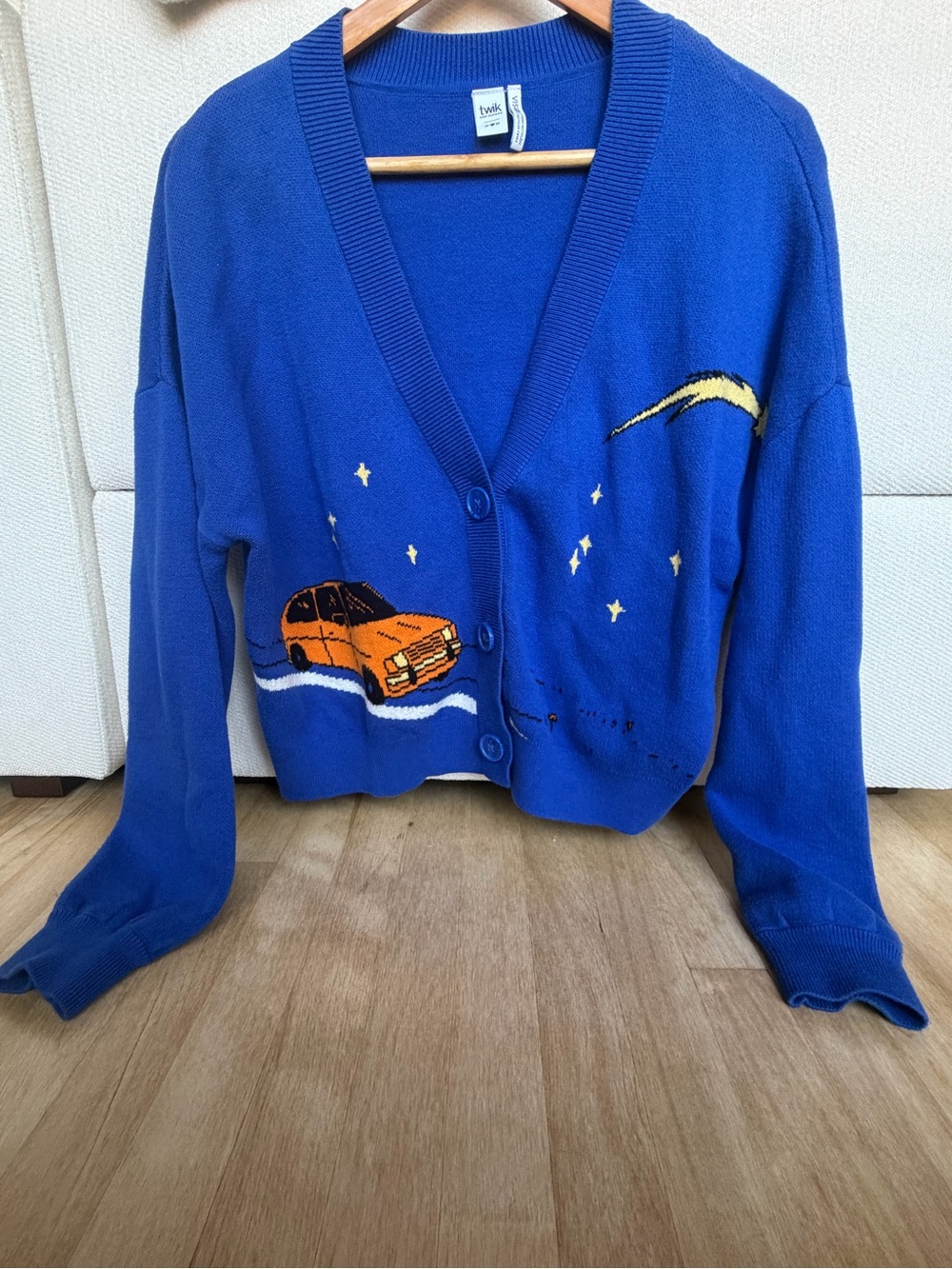 twik Royal Blue V‑Neck Car Graphic Cardigan with Orange Accent